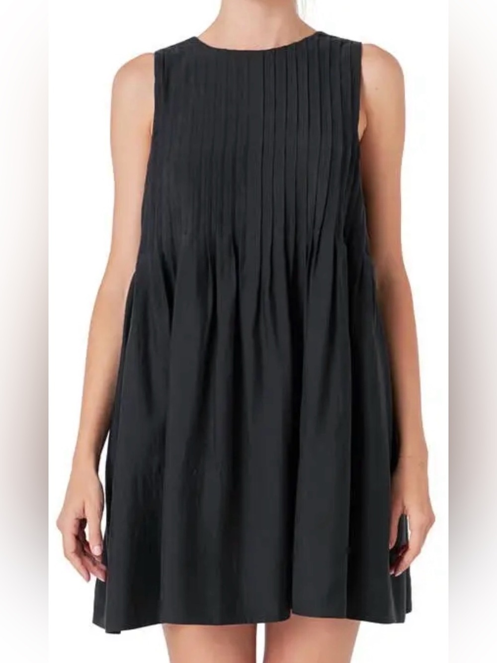 Entro Black Pintuck Pleated Sleeveless Swing Dress Pockets Size Large